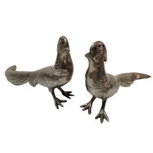 Vintage Metal Silver Tone Pheasant Salt & Pepper Shakers Large 6"